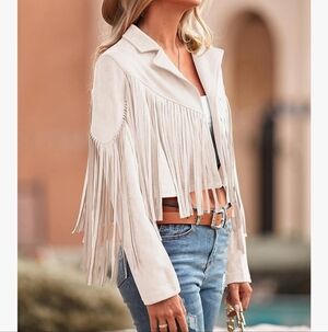 NEW Faux Suede Cropped Jacket w/ Fringe (Beige/Off-White) - PrettyGarden